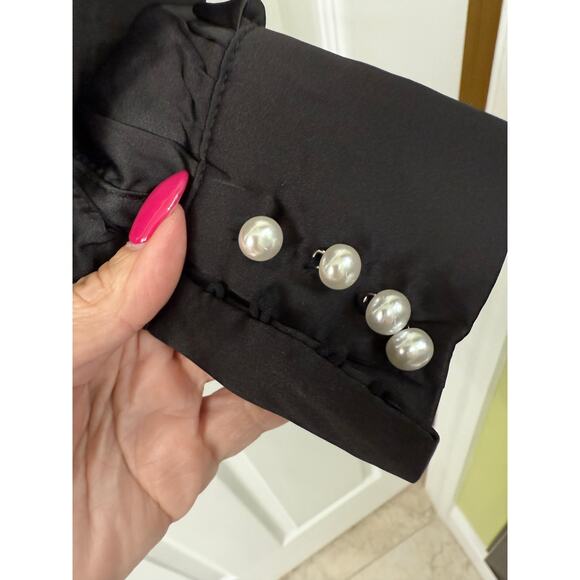 Top Chic black tie waist satin look pearl buttons long sleeve NWT small $68 - Picture 7 of 8